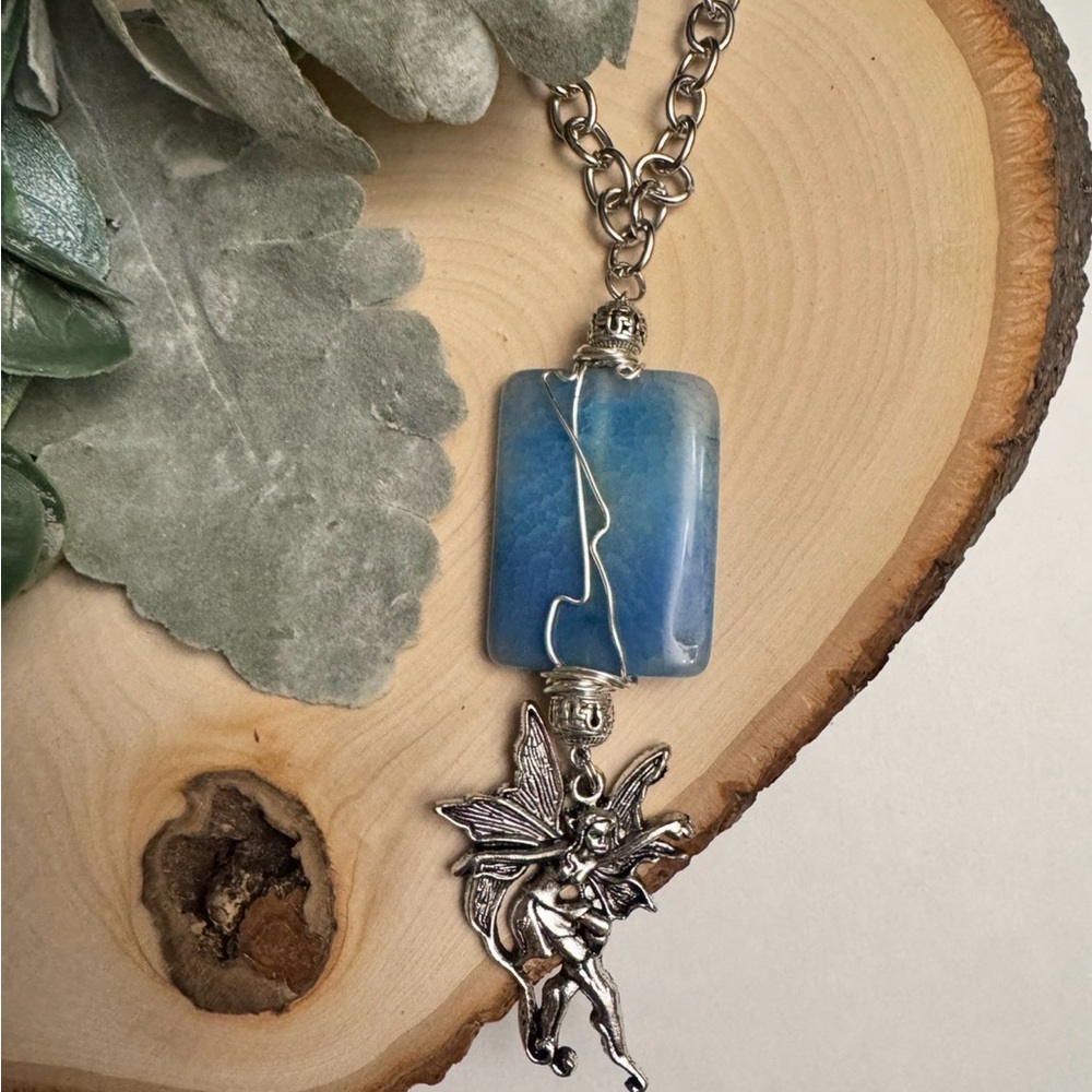 Blue Agate Stone Fairy Pendant Necklace